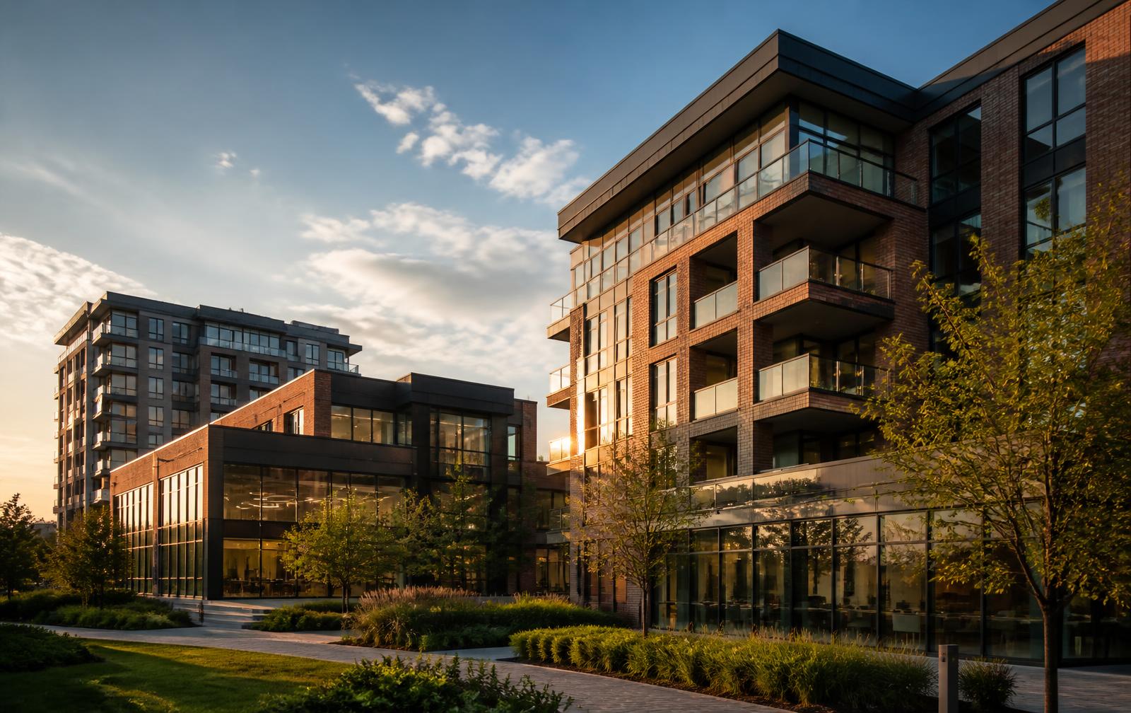 Modern multifamily and commercial buildings at golden hour