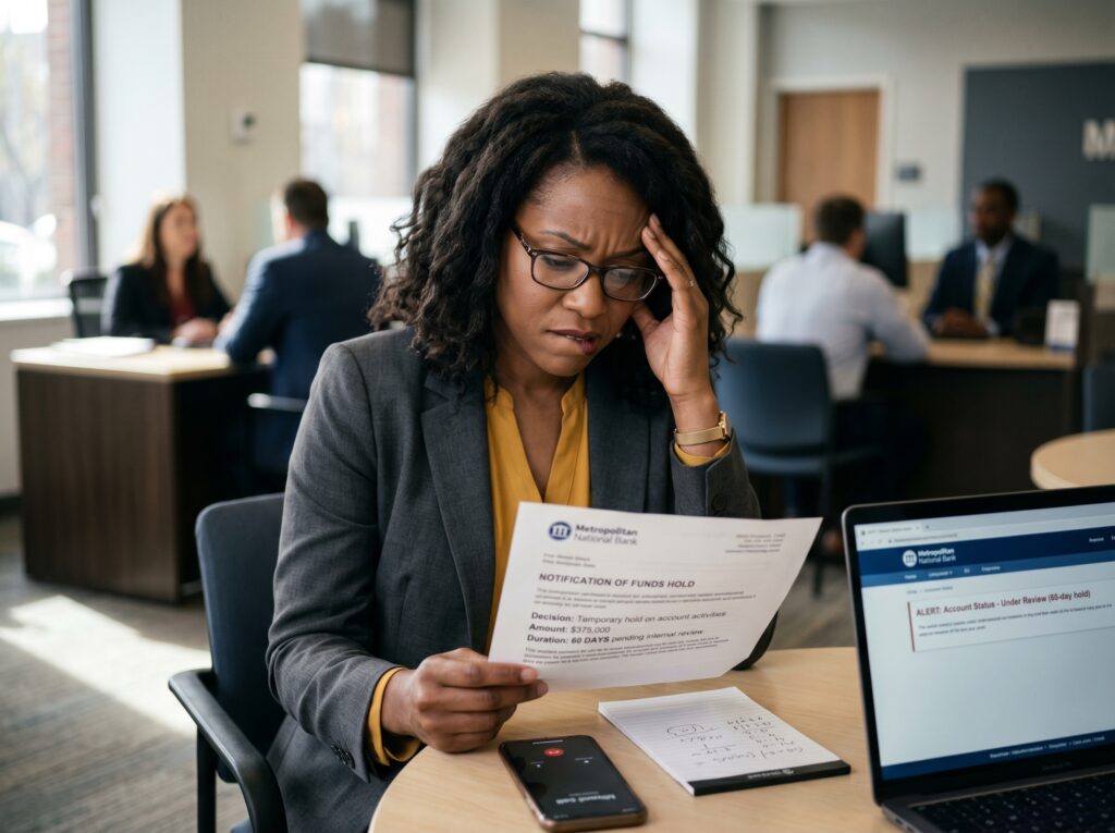 High-end editorial image of a professional African American woman with minimalist light abstract design in soft neutral tones