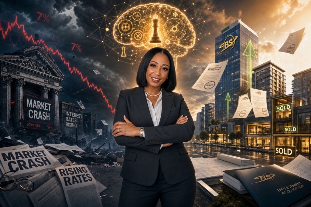 A confident African American female real estate executive in a modern glass office, embodying a calm and focused mindset.